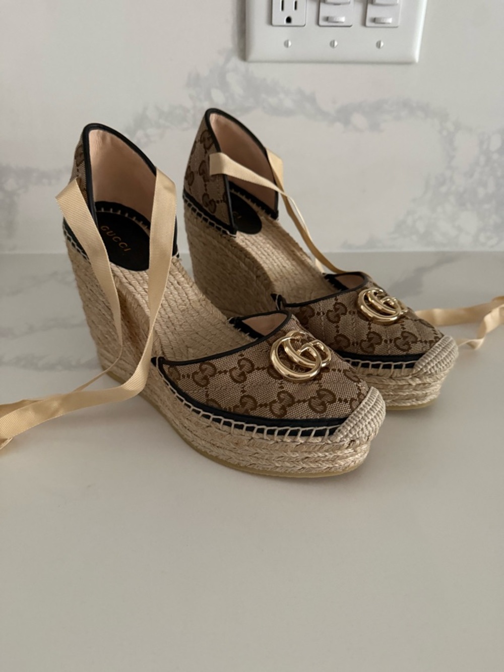 Gucci Brown GG Canvas Wedge Espadrille with Gold Logo
